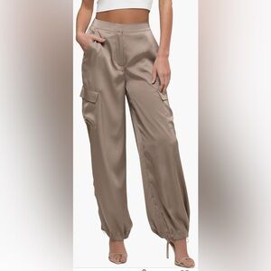 High Waist Satin Cargo Joggers in Taupe | S | NWT
